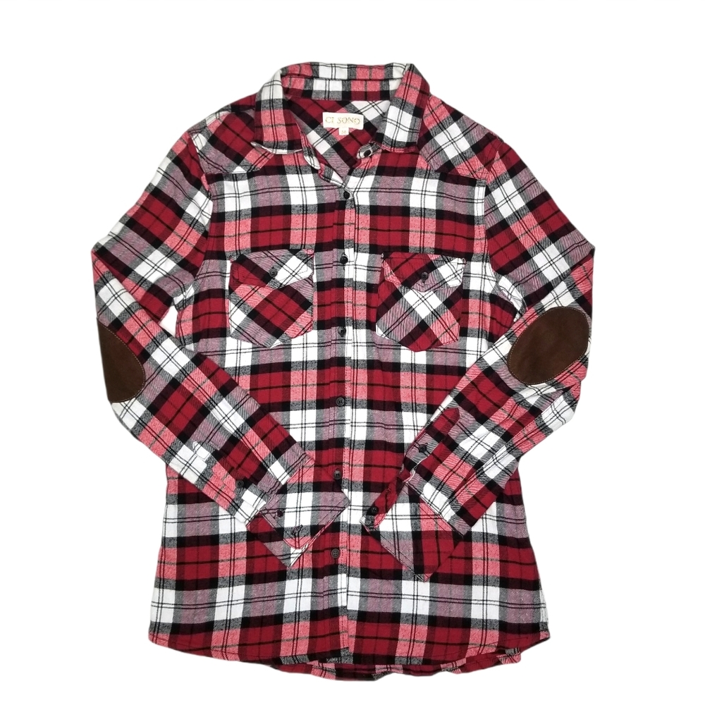 Plaid Red, Black, and White Button Down Shirt